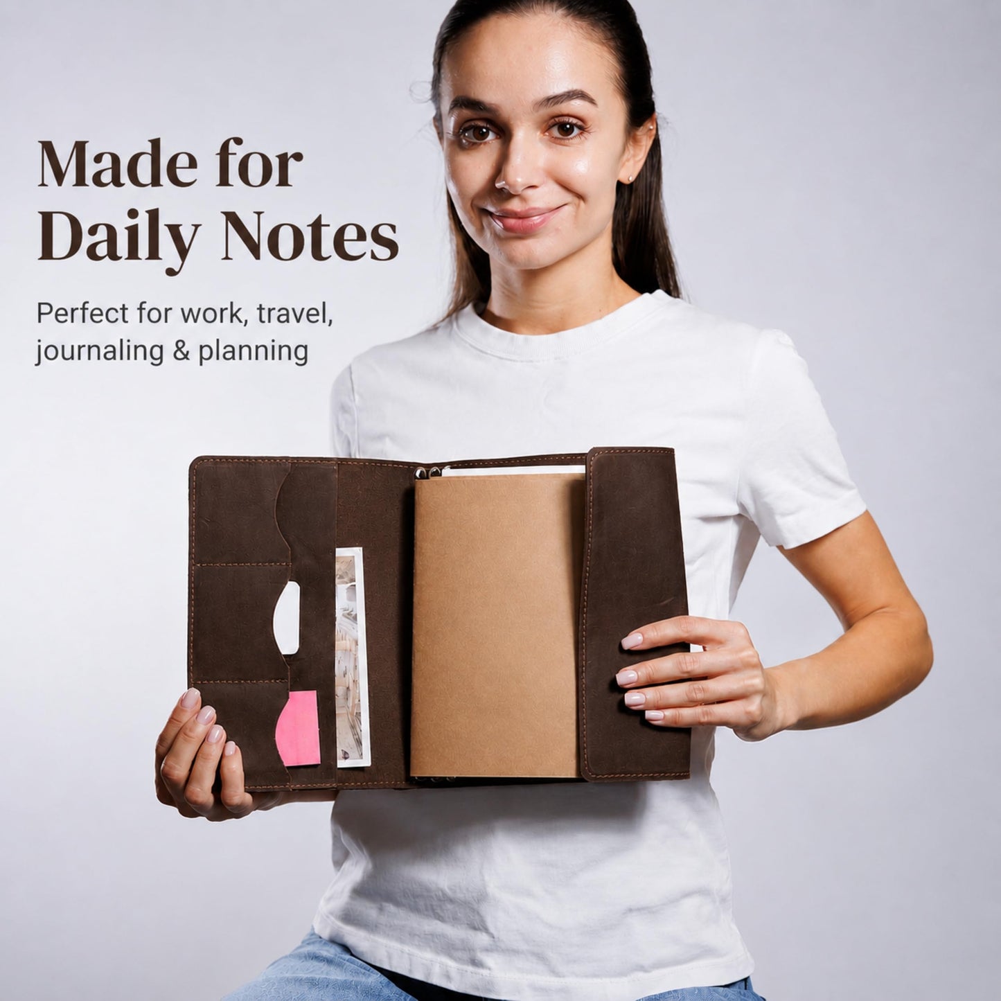 TORAKIP Leather A5 Notebook Cover – Refillable Journal Case with Elastic Bands, Pen Loop & Inner Pockets, Handmade Notebook Organizer, Fits 5.8" x 8.3" Inserts (Paper Not Included), Brown