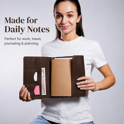 TORAKIP Leather A5 Notebook Cover – Refillable Journal Case with Elastic Bands, Pen Loop & Inner Pockets, Handmade Notebook Organizer, Fits 5.8" x 8.3" Inserts (Paper Not Included), Brown