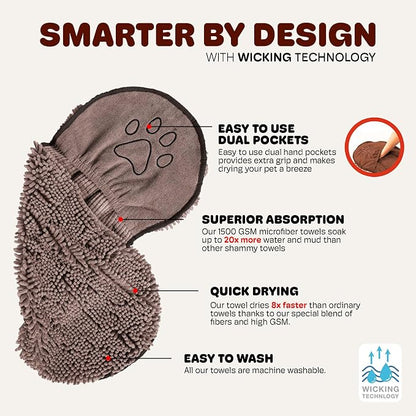 Dog Gone Smart The Dirty Dog Shammy - 2-Pack, Antimicrobial Microfiber Dog Towel for Odor Control, Fast-Drying Plush, Dual Hand Pockets & Super Absorbent, Machine Washable - 31×13 in, Grey