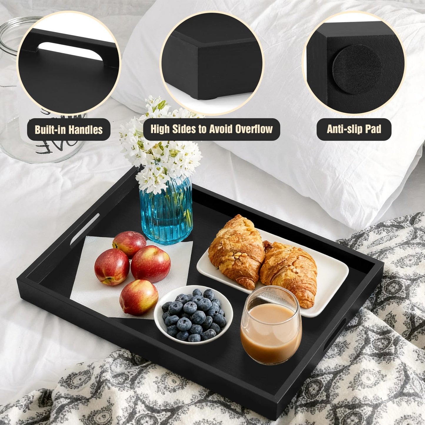 17 Inch Wood Serving Tray with Handles - Large Wooden Tray for Ottoman, Breakfast in Bed, Dinner, Coffee Table - Black Rectangular Tray for Living Room Bedroom Entryway and Kitchen