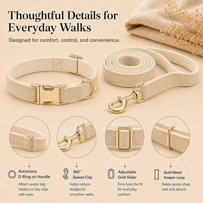 Herringbone Tweed Dog Collar and Leash Set for Medium Dogs,Light Beige | Snag-free, no-rub design. Soft breathable cotton, gentle on fur. Adjustable durable matching combo for walks & outdoors.