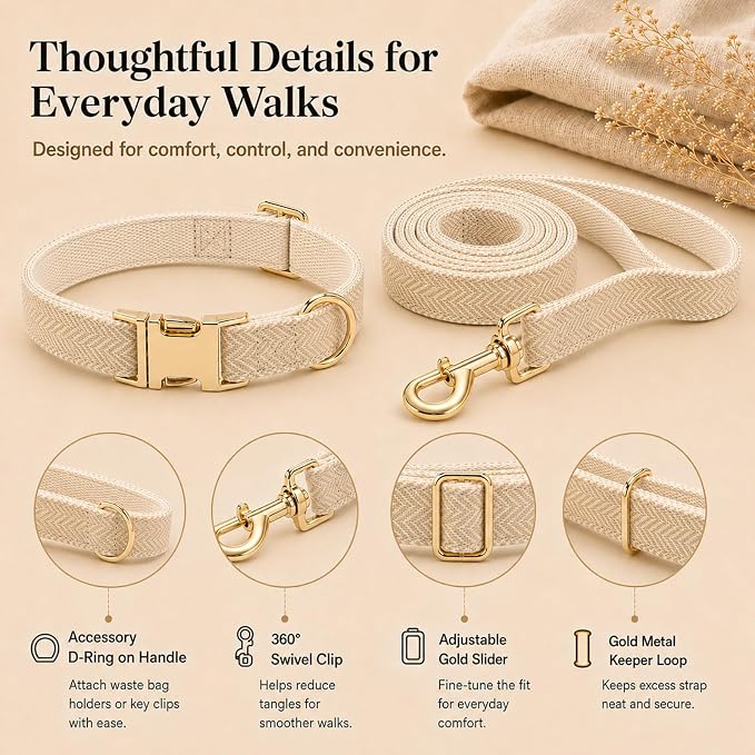 Herringbone Tweed Dog Collar and Leash Set for Large Dogs, Light Beige | Snag-free, no-rub design. Soft breathable cotton, gentle on fur. Adjustable durable matching combo for walks & outdoors.
