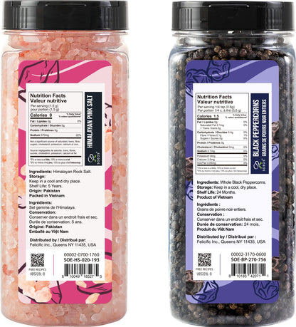 Soeos Himalayan Pink Salt 20oz + Whole Black Peppercorns 9.5oz Set, Coarse Grain, Salt for Grinder Refill, Salt and Pepper Grinder, Non-GMO Verified, Spice Seasoning Set for Cooking