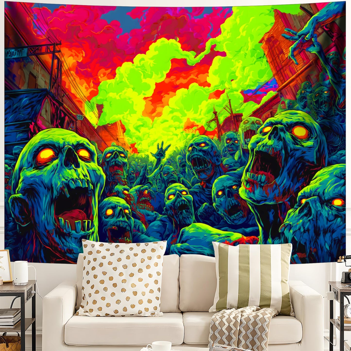 BVBOX Blacklight Halloween Tapestry Horror Moon Night Scary Cemetery Pumpkin Lantern Halloween Tapestry Wall Hanging Skull Horror Poster Banners for Bedroom Livingroom (Zombie-1, 59L x 51W, Unframed)