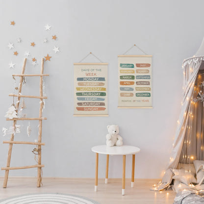 HRQKO Boho Week Month Decor Poster Hanger Frame Set of 2, Educational Posters, Preschool Wall Art with Wooden Frames, Boho Classroom Wall Hanging Banner Decor for Toddlers Room Playroom, 16x24 inch