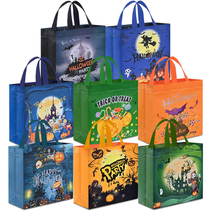 AhfuLife 16 Pcs Halloween Trick or Treat Bags, Candy Tote Bags with Handles, Reusable Non-Woven Gift Bag for Halloween Party Supplies Favors (7.8×7.8×3.1’’)