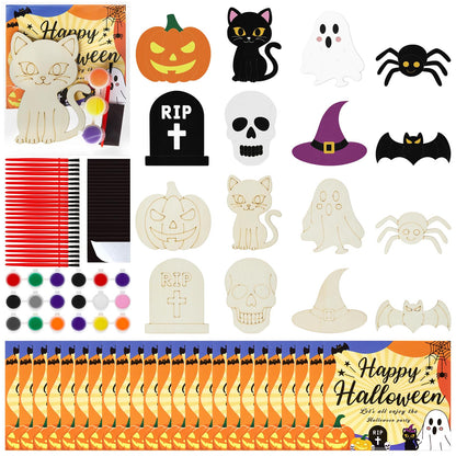 Bafeil 24-Set Halloween Painting Crafts 4", Wooden Cutouts Arts and Crafts, DIY Wooden Fridge Magnets Halloween Party Supplies, Party Favors Gifts Family School Activities Games Goodie Bag Stuffers