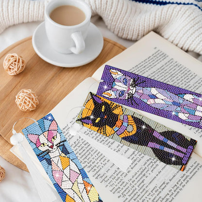 8 Pcs Cat Diamond Art Bookmarks Kit, 5D DIY Diamond Painting Bookmarks for Adults & Beginners, Stained Glass Cat Design Arts and Crafts