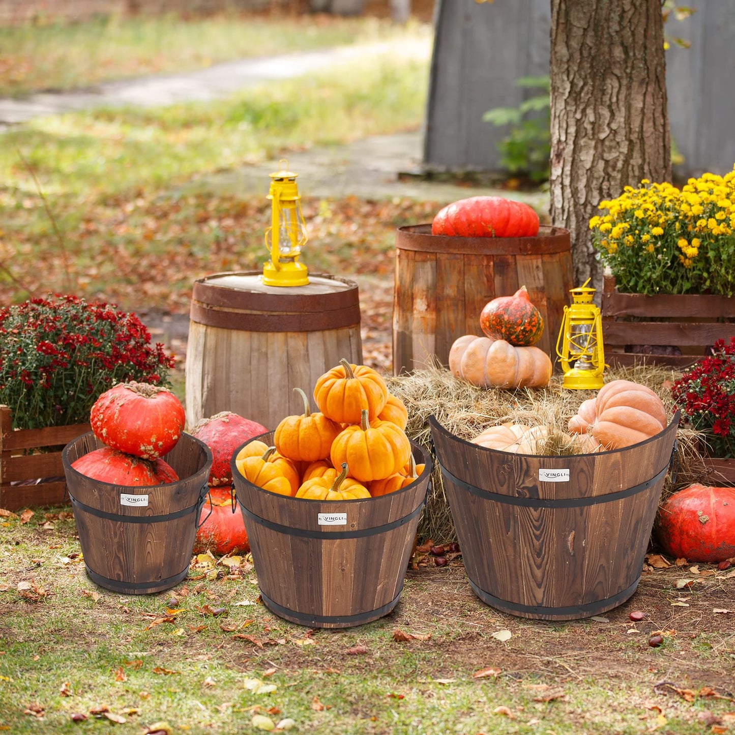 VINGLI 3 PCS Large Wooden Planter Barrel Set, 11.5"(Dia)- 18"(Dia) Real Wood Indoor/Outdoor Flower Pot w/Drainage Holes, Different Sizes, Large Garden Container Box