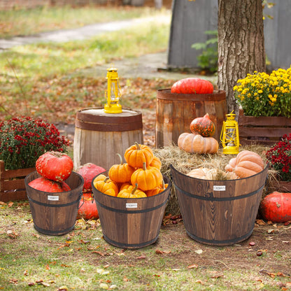 VINGLI 3 PCS Large Wooden Planter Barrel Set, 11.5"(Dia)- 18"(Dia) Real Wood Indoor/Outdoor Flower Pot w/Drainage Holes, Different Sizes, Large Garden Container Box