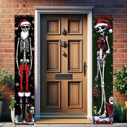 Saoplasa 2PCS Christmas Skeleton Porch Banner Decorations 71 x 12 Inch Holiday Skeleton Couple Front Door Hanging Sign Santa Hat Red Green Outfit Outdoor Wall Decor for Winter Party Yard Entrance