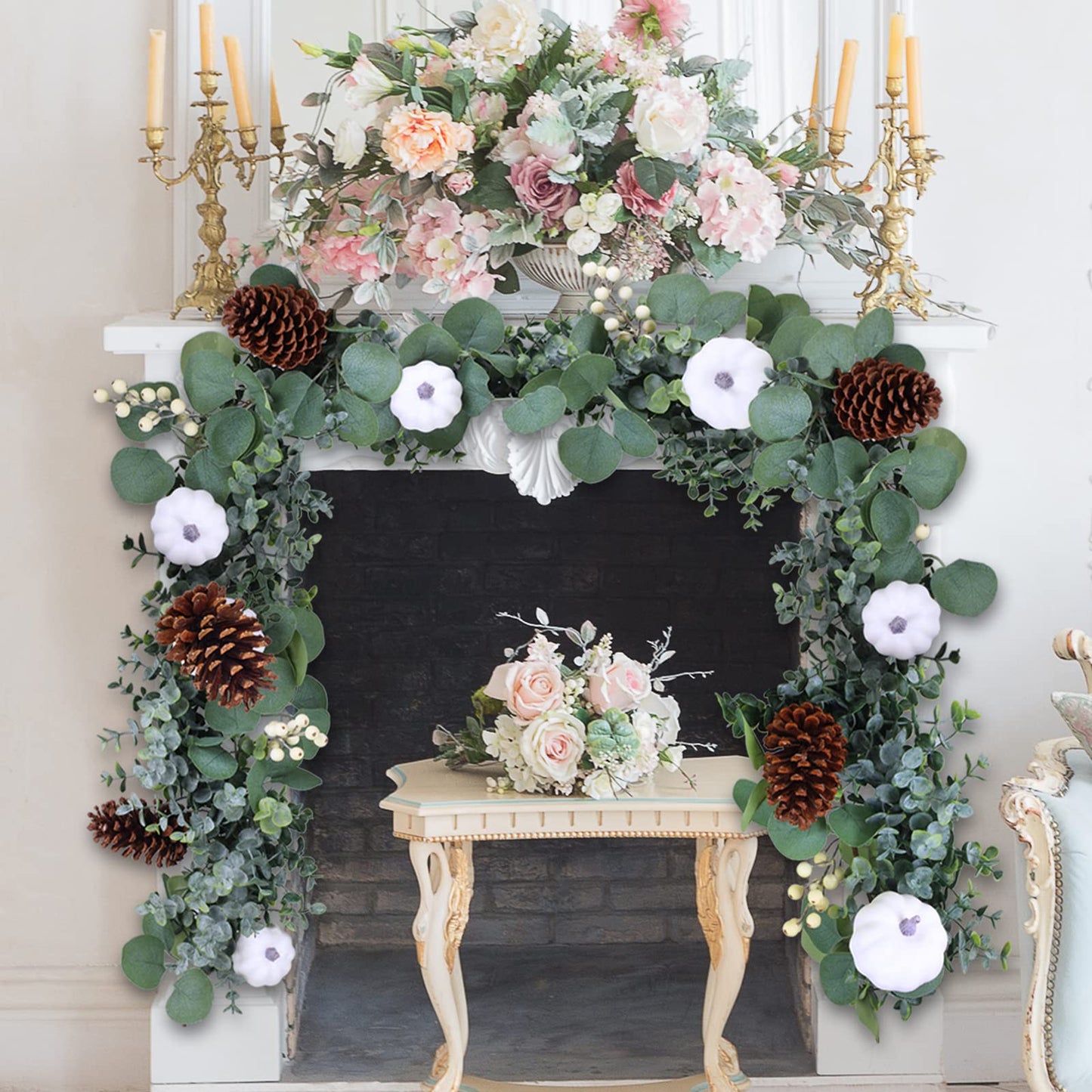 Winlyn Fall White Pumpkin Artificial Eucalyptus Garland with Pumpkins Pinecones Berries - Fall Decor, 5.9' L - Farmhouse Wedding Arch Backdrop, Thanksgiving Mantel, Table Runner, Centerpiece