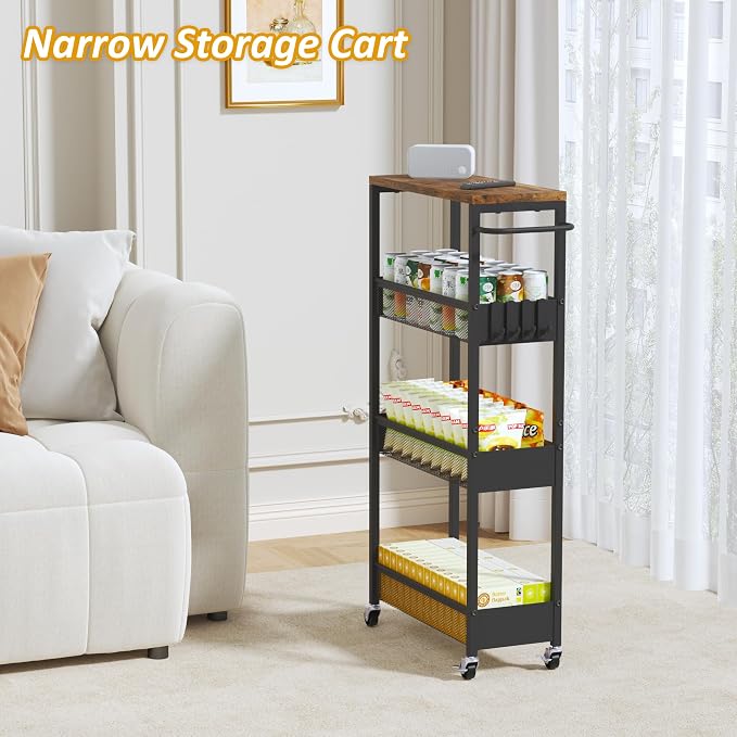 Vincona 7.1" Wide Slim Rolling Utility Cart, 4 Tier Metal Narrow Storage Cart with Handle and Wood Top, Multifunctional Small Mobile Shelf Unit Organizer Trolley for Laundry, Bathroom, Kitchen