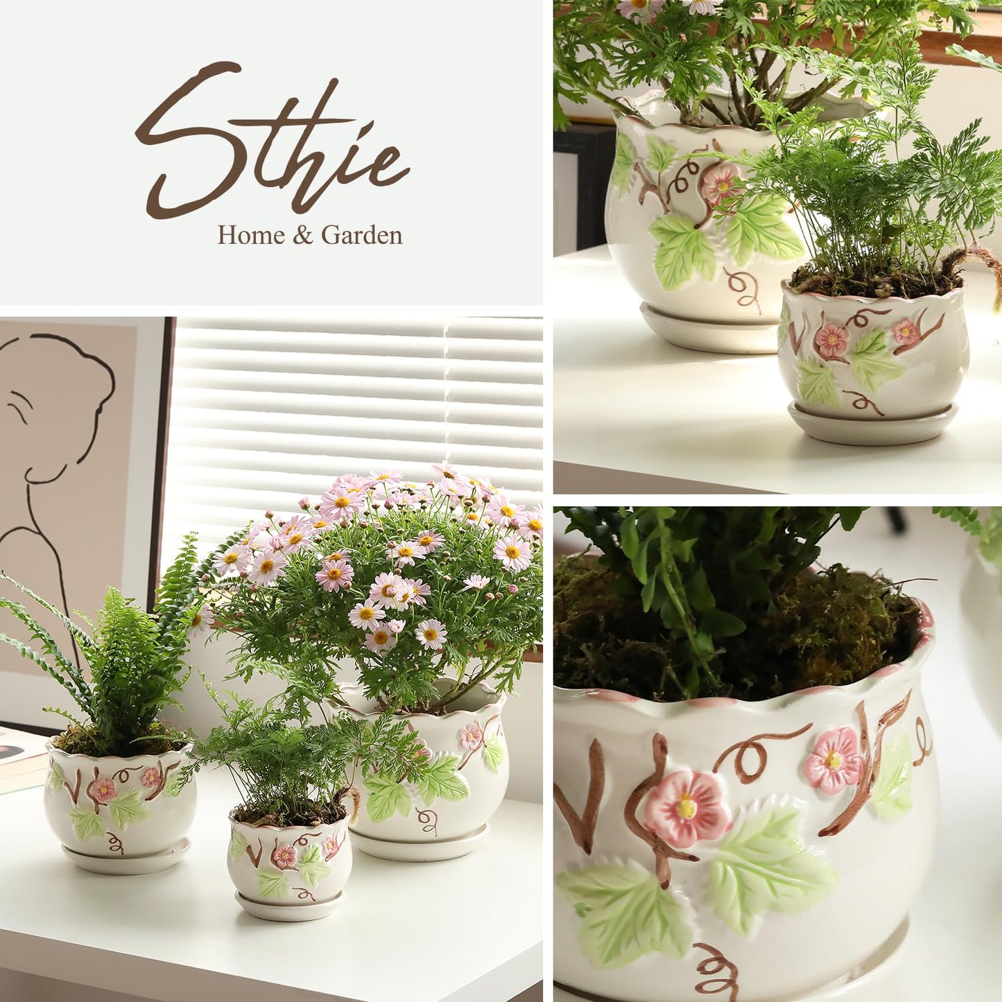 STHIE Ceramic Plant Pots with Drainage Holes and Saucers, Round Flower Pots for Indoor Plant, 4/5.2/6.6 Inches Vintage Flower Planters Set of 3