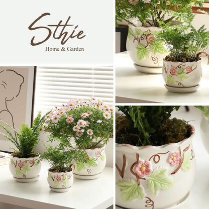 STHIE Ceramic Plant Pots with Drainage Holes and Saucers, Round Flower Pots for Indoor Plant, 4/5.2/6.6 Inches Vintage Flower Planters Set of 3
