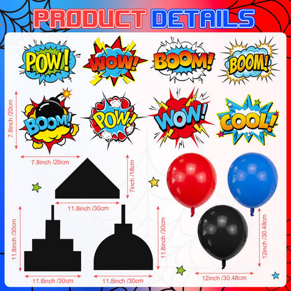 Sliner 47 Pcs Spider Web Birthday Decorations, Tinsel Foil Fringe Curtains Balloons Skyscraper City Boxes set, Spider Party Supplies Red Black Blue Photo Booth Prop Backdrop Streamer, Backdrop Decor