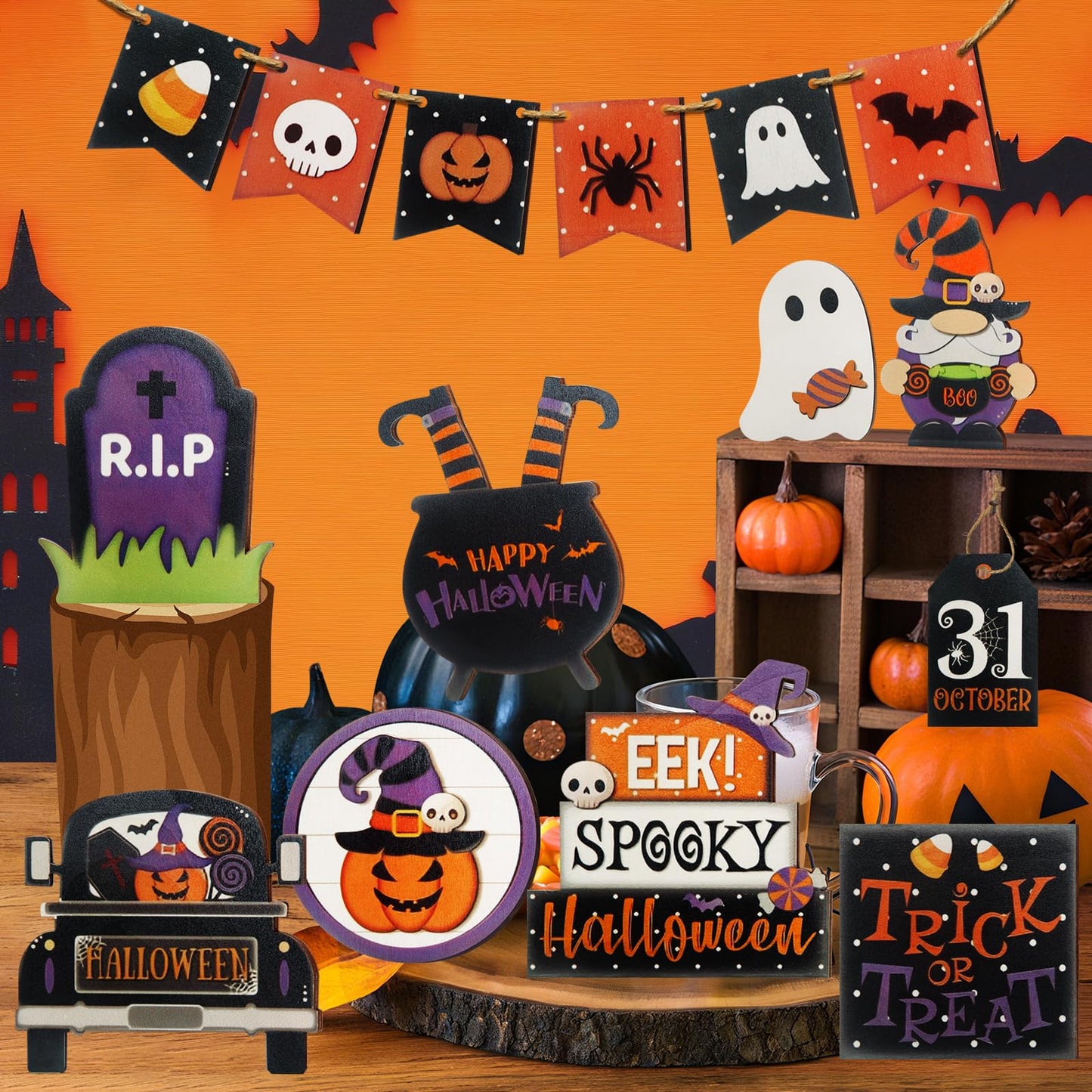 15 Pcs Halloween Tiered Tray Decor Set, Cute Pumpkin Ghost, Halloween Wooden Layered Tray Decorations, in a Rustic Style, Great Items for Party Tables