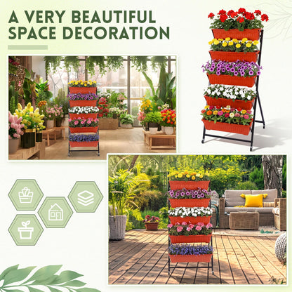 Briwooody 2 Pack 5 Tier Vertical Garden Planter with Wheels 4.5 ft Raised Garden Bed for Strawberry Herb Vegetable Flower Stackable Planter Boxes with Drainage for Patio Indoor Outdoor(Brick Red)