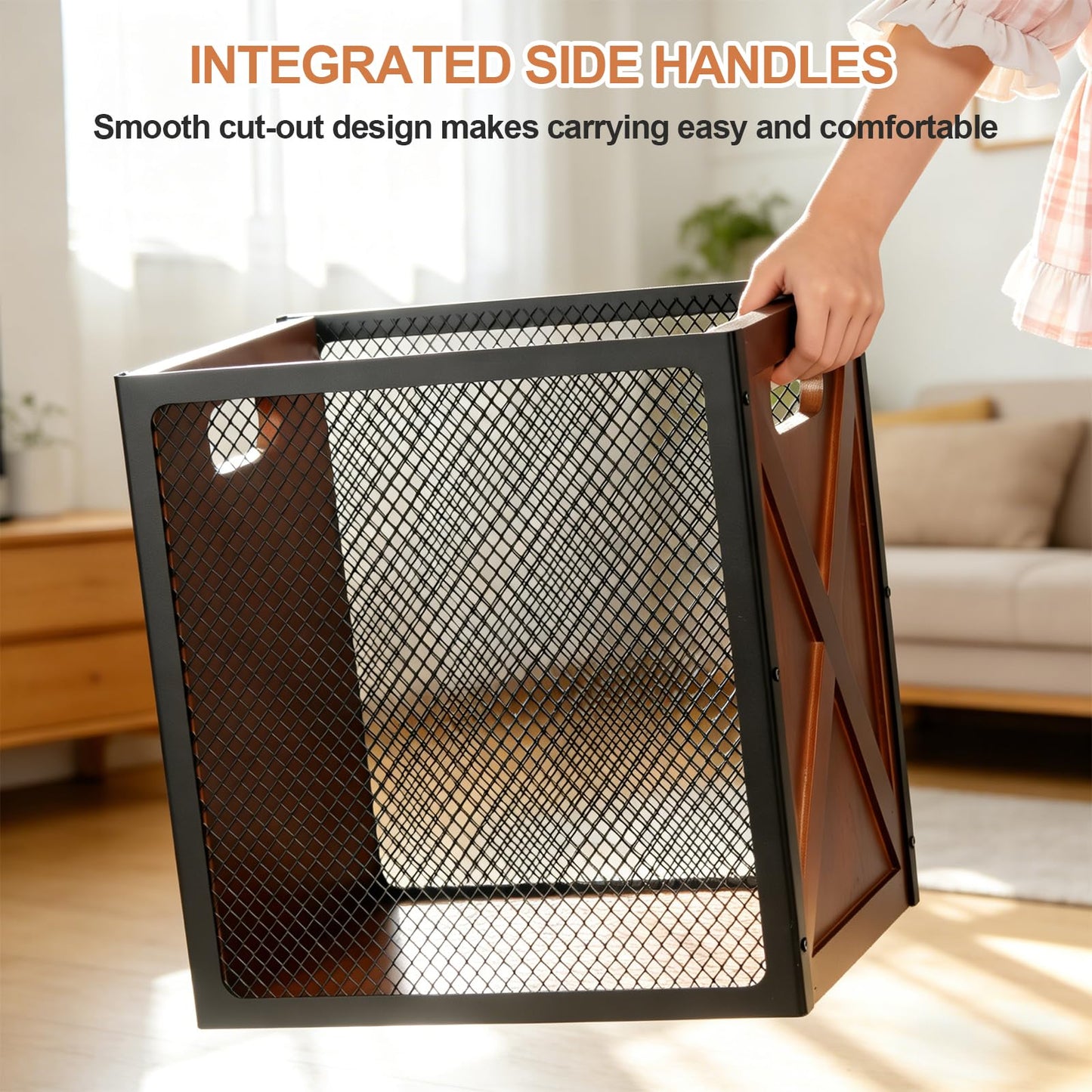 Rustic Office Trash Can - Rectangular Waste Basket with Iron Mesh, 4.5 Gallon Wooden Garbage Can, Bathroom Garbage Bin with Handles, Decorative Trash Can for Home Office Bedroom