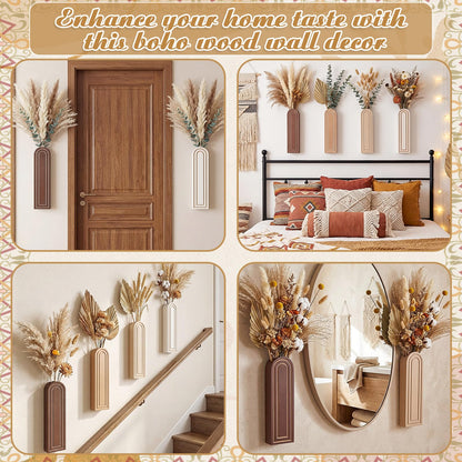Ferrochef 4 Pack Wooden Wall Vase Set, Boho Hanging Planter Arched Vase Decor, Wood Wall-Mounted Plant and Flower Holders for Modern Farmhouse Bathroom Living Room Entryway Rustic Decor