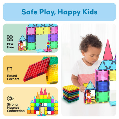PicassoTiles 63pc Magnetic Tile Building Block Set with 2 Character Figures STEM 3D Construction Educational Toy for Kid Toddlers Boys Girls Age 3 Plus Montessori Learning Playset Creativity Kit PTL63