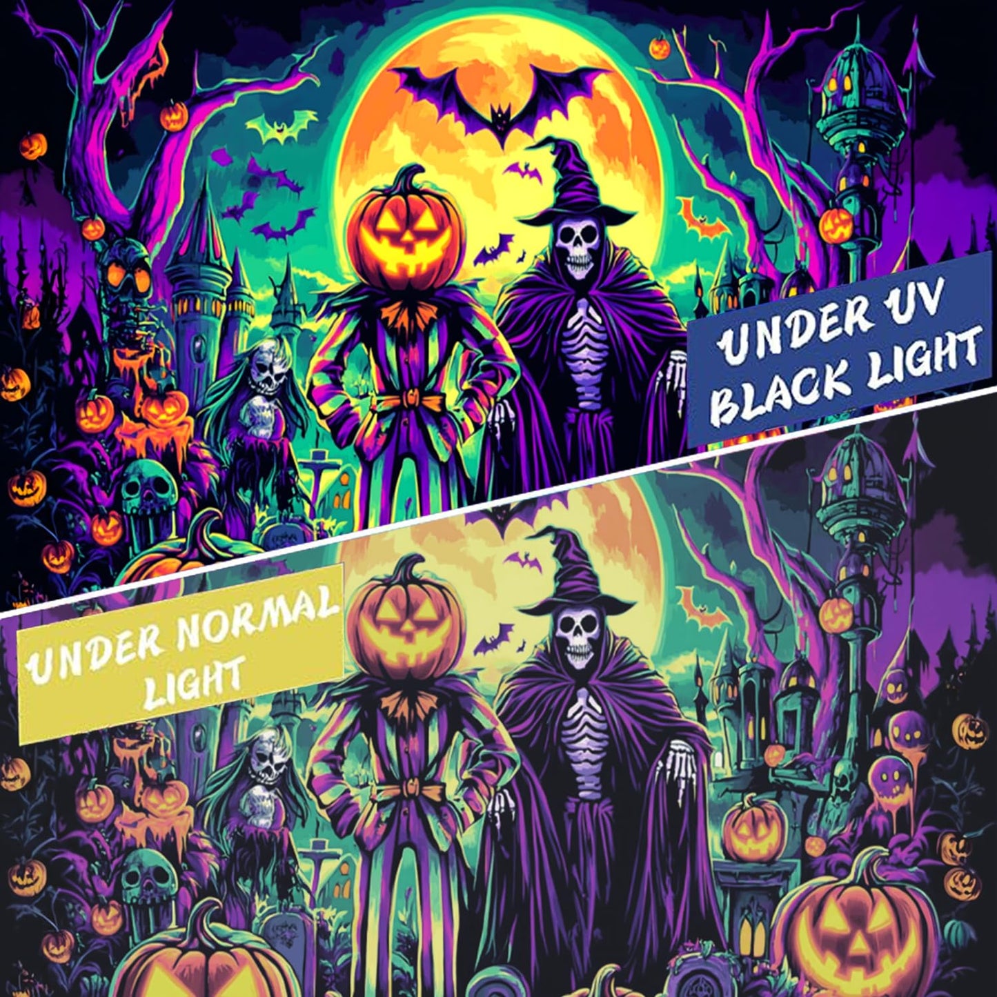 BSFHH Black Light Tapestry – UV Reactive Glow in the Dark Wall Hanging, Spooky Night Scene with Ghosts & Pumpkins, Haunting Home Decor for Parties, Bedroom, or Dorm (Witches & Bats, 90L" x 70W", Unframed)