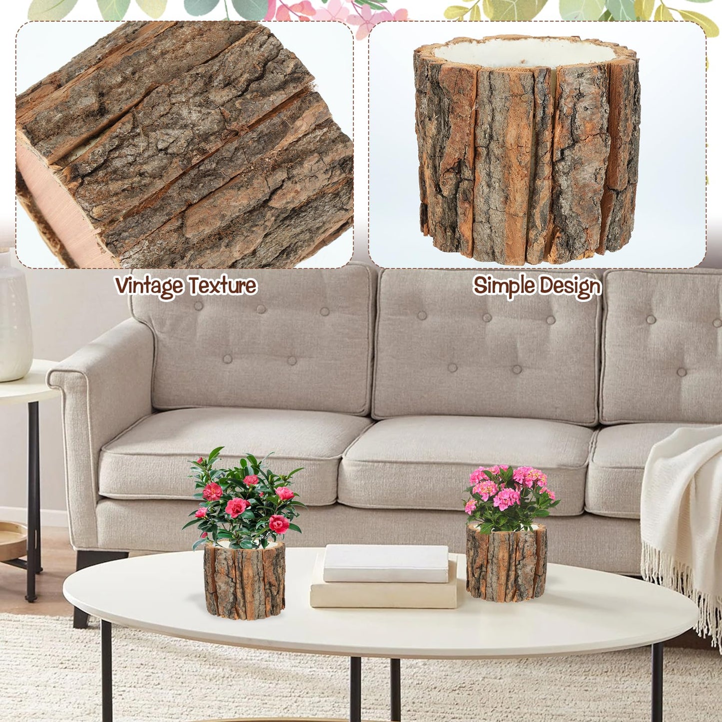 AIHSUMC 3 Pcs Wooden Vase for Centerpieces, 3.9 in Bark Vase Rustic Wooden Bark Flower Pots Country Style Stump Bucket Planter for Woodland Party Wedding Window Home Farmhouse Table Decor