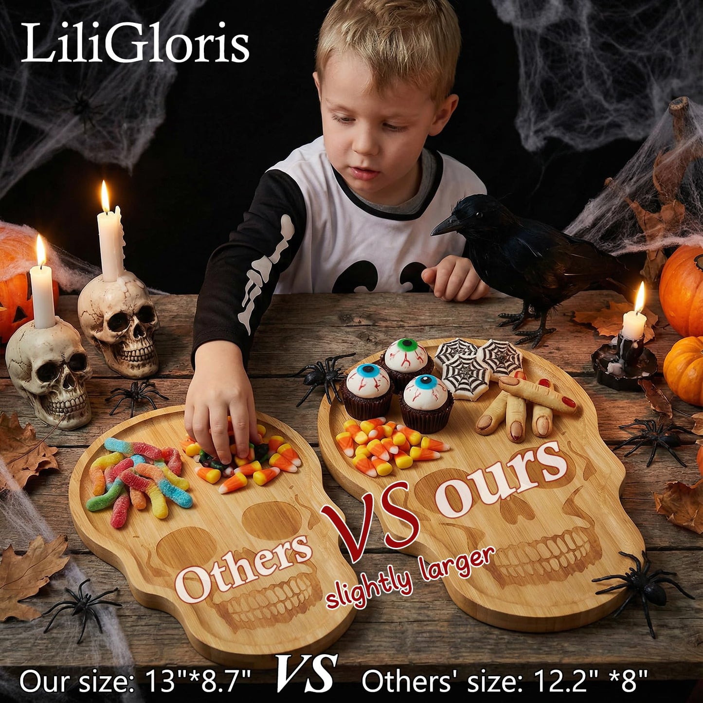 Unique Large Bamboo Wood Halloween Charcuterie Cheese Cutting Board Spooky Skeleton Decorative Serving Platter Tray for Thanksgiving Christmas Housewarming Party (1)