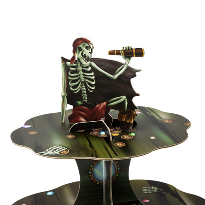Cheerland Skull Pirate Cupcake Stand for Halloween Theme Party Decorations Cup Cake Holder Tier Stand Dessert Display Cake Serving Tray for Pirate Skeleton Spooky Birthday Cosplay Party Supplies