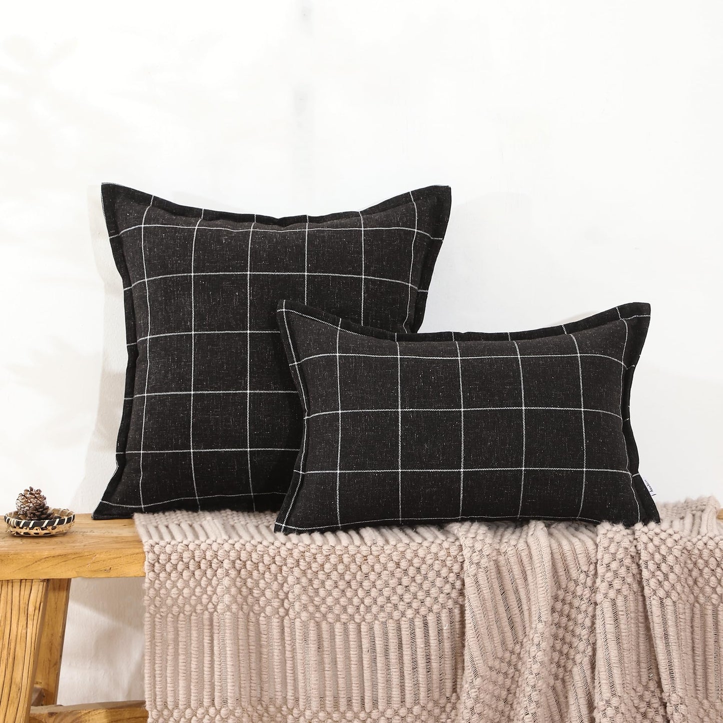 AMAROTI Quality Plaid Pillow Bohemian Style, Back Hidden Zipper Design More Like an Envelope, Linen Pillowcase, Each Pack of 2 Pillowcase Pillows Hand-Pressed Craft Black