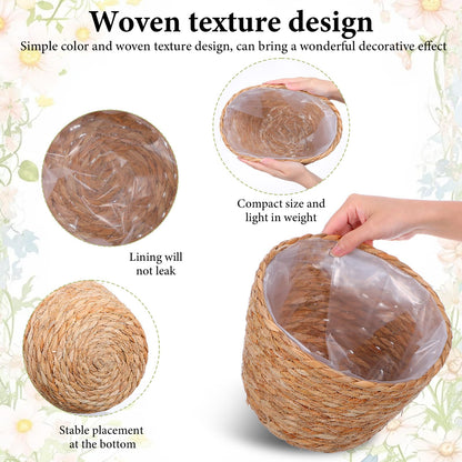 Leooomap 2 Pack Straw Woven Plant Basket with Plastic Liner, Natural Rattan Flower Pot Cover for Indoor Potted Plants, Farmhouse Boho Home Floor Decor - 9.04x9.04x6.48 Inches