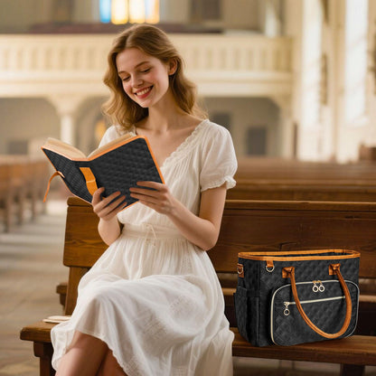 Large Bible Bag with Bible Cover Case for Women, Quilted Church Tote Bags for Bible Study Supplies, Christian Gifts for Women (Black)