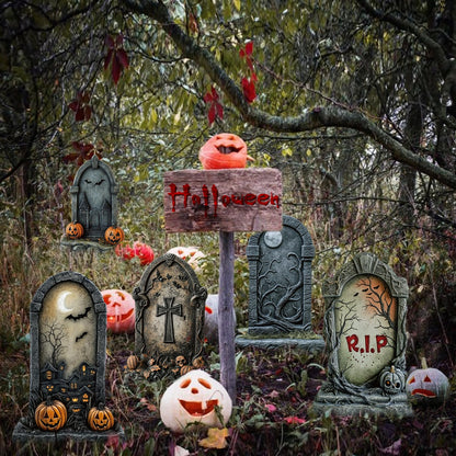 ORNALES 6 Pieces Halloween Tombstone Yard Signs, Waterproof Tombstone Halloween Yard Decorations with Stakes, Ghost Skull Pumpkin Graveyard Design for Outdoor Yard, Garden Lawn, Holiday Party