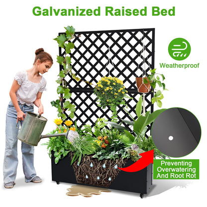 Metal Raised Garden Bed with Trellis & Wheels, 72.83"x46.46"x11.81" Galvanized Metal Planter Box with Drainage Holes & Privacy Screen for Patio Balcony Climbing Plants Flowers Vegetable, Black