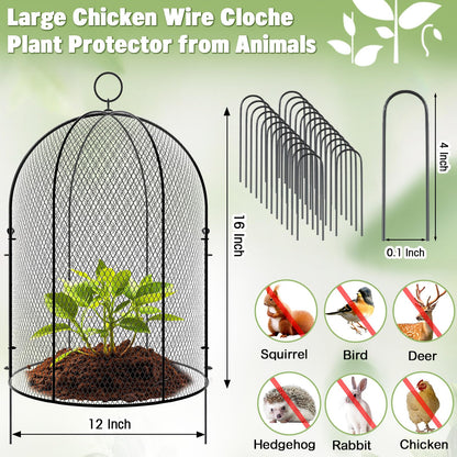 Novabright 6 Pack Garden Cloches for Plants 12" x 16" with Stakes & Zip Ties, Plant Covers from Animals Large Metal Mesh Chicken Wire Cloche Plant Protector Cage for Vegetable Garden Outdoor (Black)