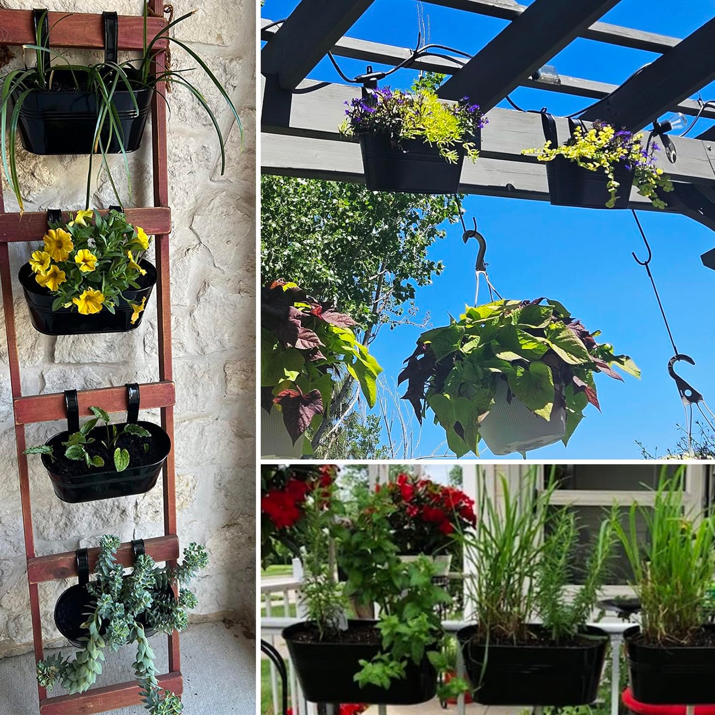 Biugaaufai 6 Pack Metal Railing Planter for Outdoor Plants, BlackIron Railing Planters, Metal Window Hanging Flower Pots for Balcony, Fence, and Patio Railings, Garden Decor with Drainage Holes