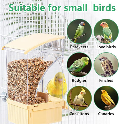 Hamiledyi 2Pcs Automatic Bird Feeder No Mess Bird Cage Feeder Transparent Acrylic Parrot Seed Food Container with Perch Cage Accessories for Parakeet Finch Lovebirds Budgies Canary (Yellow)