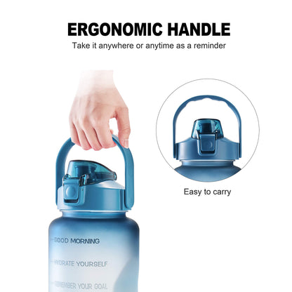 EYQ 64oz Leakproof Drinking Water Bottles, Half Gallon with Motivational Time Marker BPA Free for Fitness, Gym and Outdoor Sports (Navy/Green Gradient)