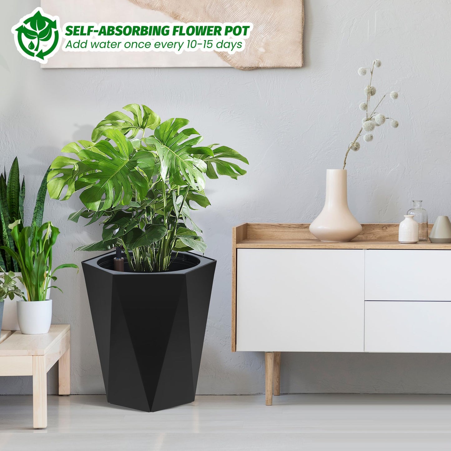 GarveeTech 16" Tall Planters Set of 2, Self-Watering Planters, Planters for Outdoor Plants, Plants Pot with Water Level Monitor & Drainage System for Garden, Porch, Patio, Balcony