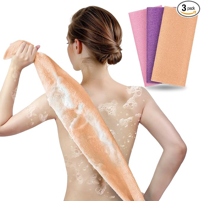 ARCH&M Exfoliating Shower Towel & Body Scrubber, Peach Purple Pink, 3 Pack | Japanese Washcloth, Hygienic, Nylon, Daily Use, Smoother Skin, Deep Exfoliation, 35-Inch, Quick-Dry, Durable Machine Washable