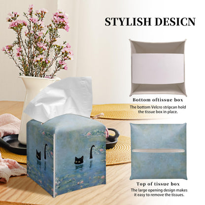 Grace Yonks Art Tissue Box Cover Square - Black Cat in Water Lilies Design 5.2" PU Leather Holder for Vanity, Desk, or Bathroom Counter - Cube Case for Facial Tissues. (123)