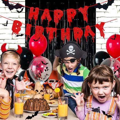 Red Glittery Happy Birthday Halloween Banner Black Foil Curtains Backdrop 3D Bat Sticker and Latex Balloons Confetti Balloon for Birthday Party Decorations Scary Party Supplies