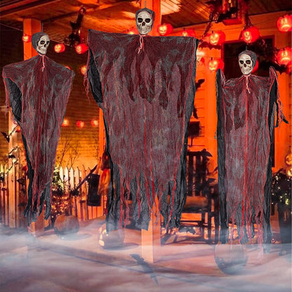 43" Halloween Hanging Ghost Decorations Outdoor with Spider Web&20 Spiders, Halloween Scary Flying Skeleton Ghost Decor for Haunted House Party Outside Indoor