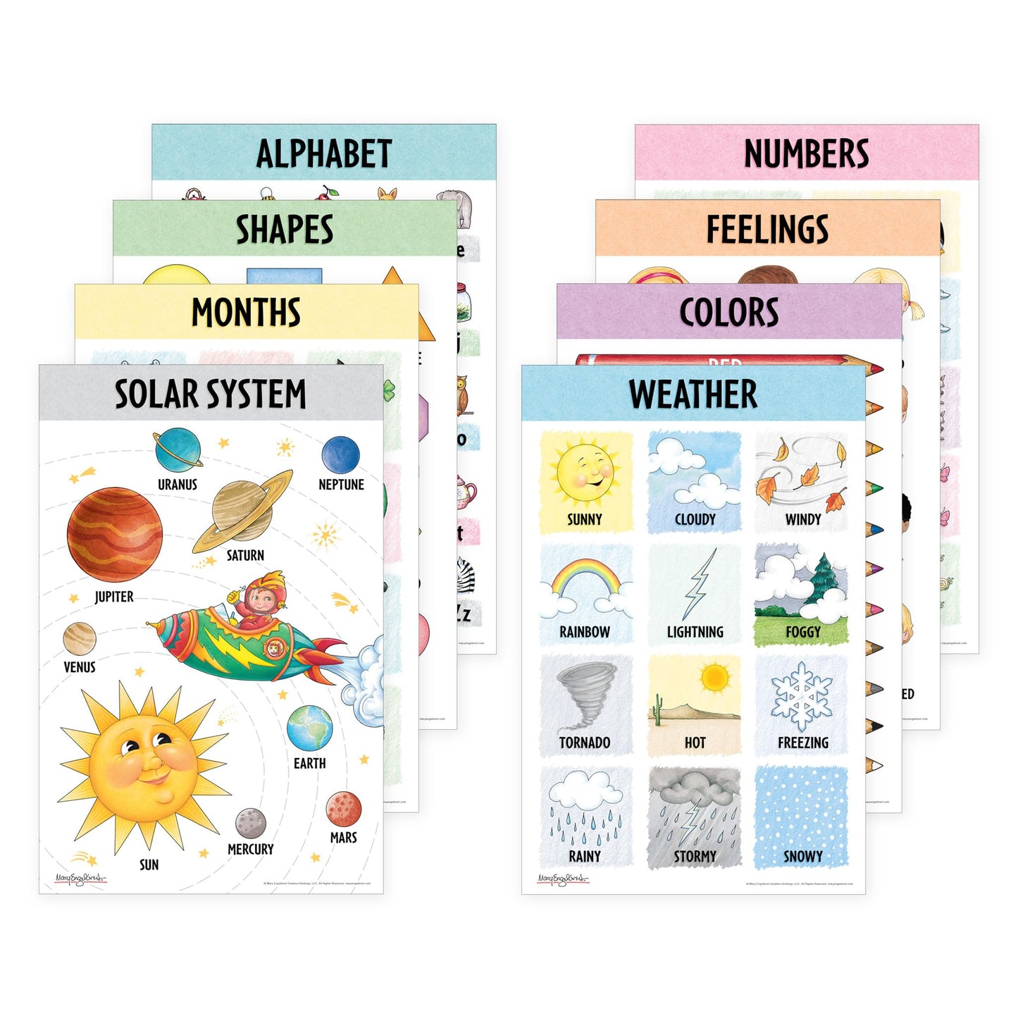 Mary Engelbreit Preschool Learning Posters Set (8-Pack), Toddler Learning Posters, ABC Alphabet, Colors & Educational Charts for Classroom & Homeschool