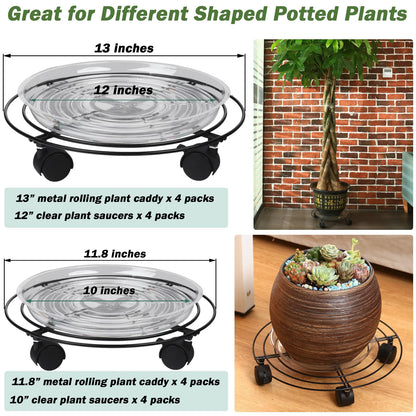 8 Packs Large Metal Plant Caddy with Wheels 13" and 11.8" Heavy-Duty Wrought Iron Rolling Plant Stands with Casters Plant Dolly Plant Roller Base Indoor and Outdoor Plant Pot Movers Planter Rollers