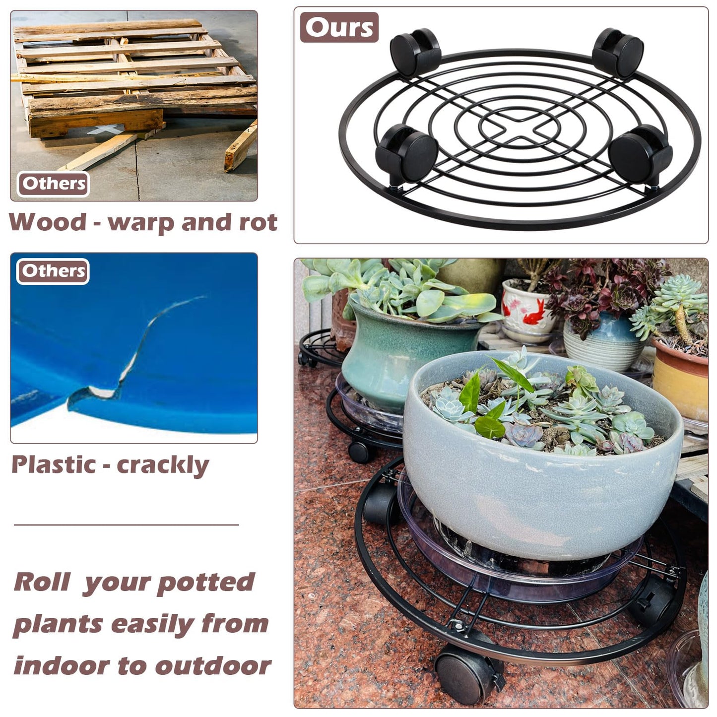5 Packs 13.5" Metal Plant Caddy with Wheels Large Rolling Plant Stands Indoor Wheeled Plant Dolly Heavy-duty Planter Mover Roller Base Outdoor GardenTrolley Cart Water-proof, Plant Saucers on Wheels