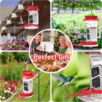 Soliom Hummingbird Feeder with Camera, Smart Feeder Camera with 2K Live View AI Identify, Leak Proof&Ant Moat&Bee Proof, Outdoor Pole/Hook Hanging, Ideal Gift for Family, 16 OZ Red