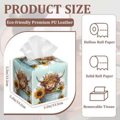 Highland Cow Flowers Square Tissue Box Holder Waterproof Leather Facial Paper Organizer Dispenser for Bathroom Home Kitchen Car Nightstand Vanity Desk，2Pack