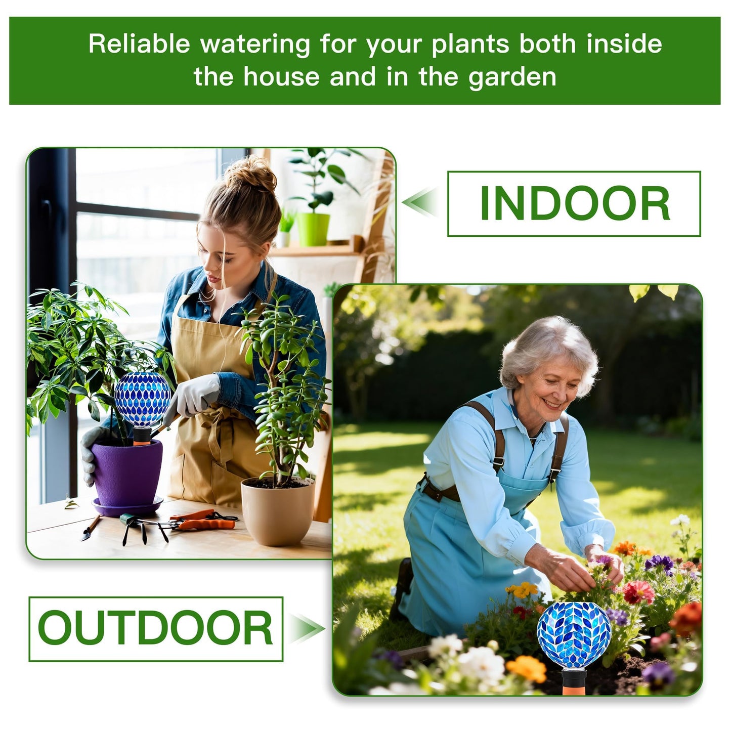 VOREEN Blue Mosaic Self Watering Globes 2 Pack, 500ml Handmade Glass Terracotta Plant Spikes, Automatic Self Watering Devices for Indoor Outdoor Pots, Decorative Water Saver Gift for Garden Lovers