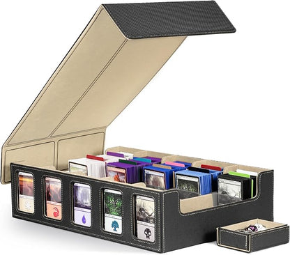 Kabinka Trading Card Storage Box with Commander Display, 5-Row 3900+ MTG Storage Box, Card Deck Box for MTG TCG Sports Card, 5 Top Loaders, 5 Stoppers, 48 Dividers,1 Dice Tray (Black Gold)